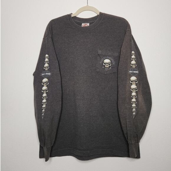 Vintage y2k Harley Davidson Long Sleeve Skulls Double Sided Large Gray Faded